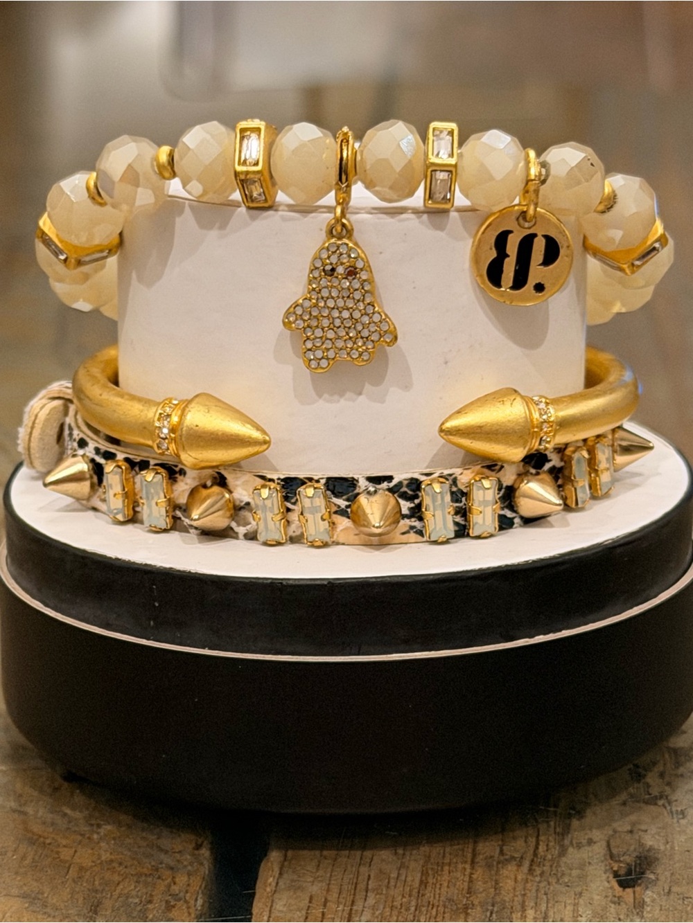 Bomb Party NWT! “The Golden Ghost” Gold and Cream Beaded Bracelet Stack